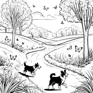 Wilde Blütenpracht mit zwei spielenden Border Collies Ausmalmotiv für tierliebe Naturfreunde