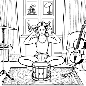 Bezaubernde Frau mit Trommel und kreativen Gedanken Ausmalvorlage für fantasievolle Musikliebhaber