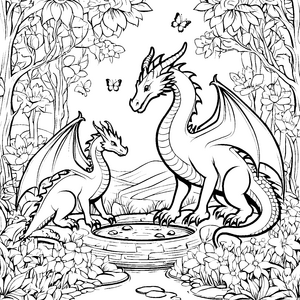 Zwei farbenfrohe Drachen am glitzernden Teich Malvorlage für kleine Fantasieträumer