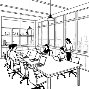 Kreativer Konferenztisch mit vielen Laptops Malvorlage für kreative Köpfe der Zukunft