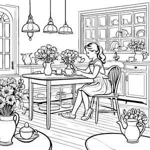 Bezaubernder Landhausstil-Tisch mit Blumen und Tassen Ausmalmotiv für kleine Zauberkünstler in der Küche