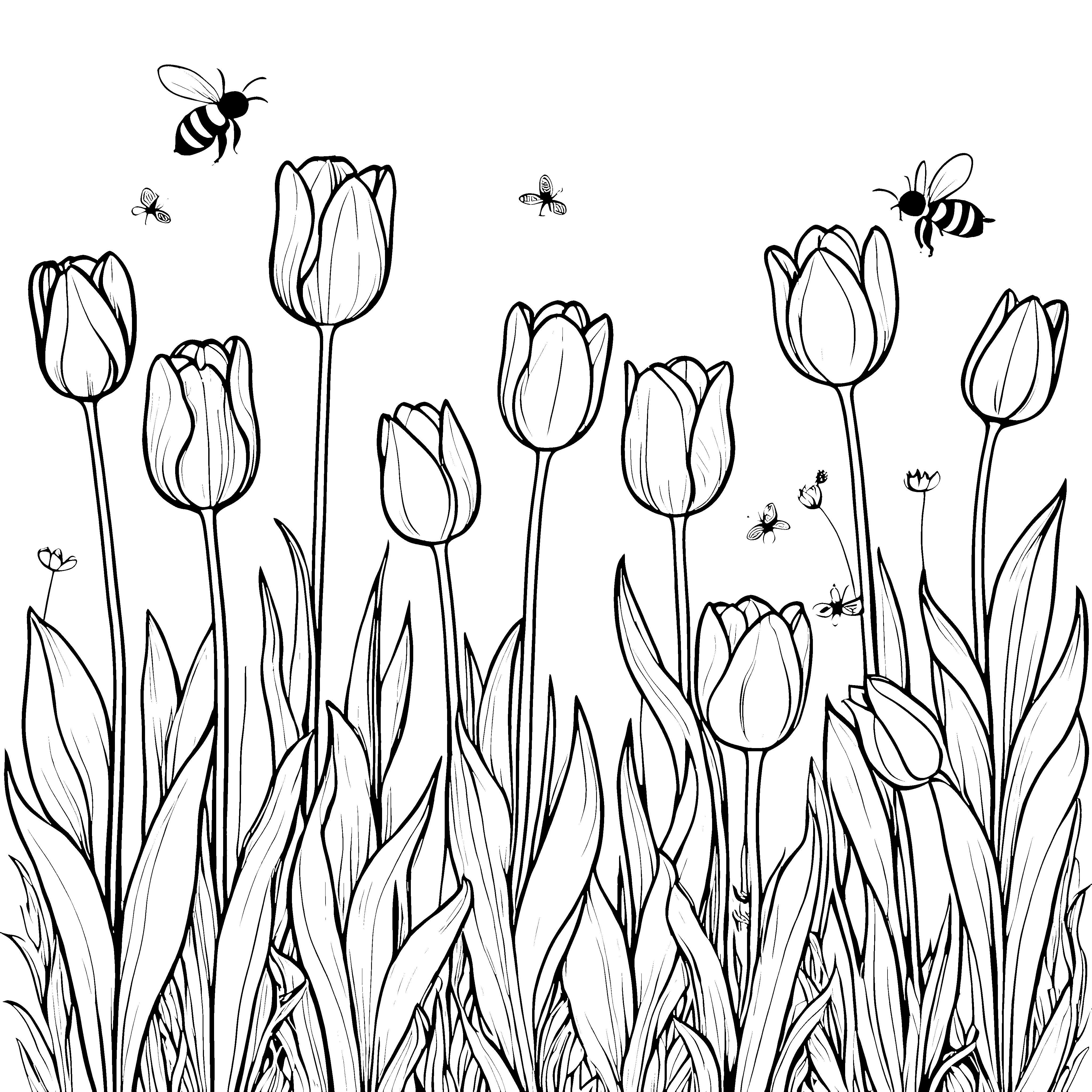 Summende Bienen um zauberhafte Tulpen Ausmalvorlage für neugierige Naturentdecker