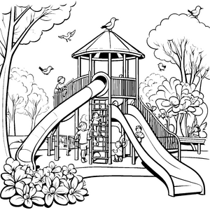 Abenteuerlicher Spielplatz mit Rutsche und fröhlichen Kindern Ausmalbild für kleine Entdecker