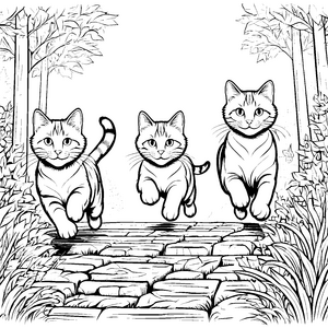 Drei abenteuerlustige Katzen auf rasanten Pfoten Ausmalbild für kleine Tierfans
