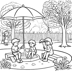 Farbenfrohe Kinder unter dem Sonnenschirm Ausmalvorlage für fröhliche Entdecker