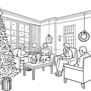 Festliches Zusammenkommen liebevoller Senioren in gemütlicher Runde Ausmalbild für herzliche Weihnachtsfreunde