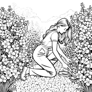 Anmutige Frau im blühenden Veilchenfeld Ausmalbild für fantasievolle Gartenzauberer