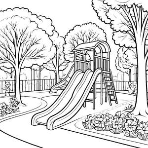 Spaßiger Spielplatz mit buntem Klettergerüst und Rutsche Ausmalvorlage für kleine Fantasiekünstler