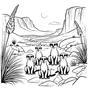 Sechsergruppe neugieriger Erdmännchen mit Eisberg-Ausmalbild für kleine Abenteurer und Tierfreunde