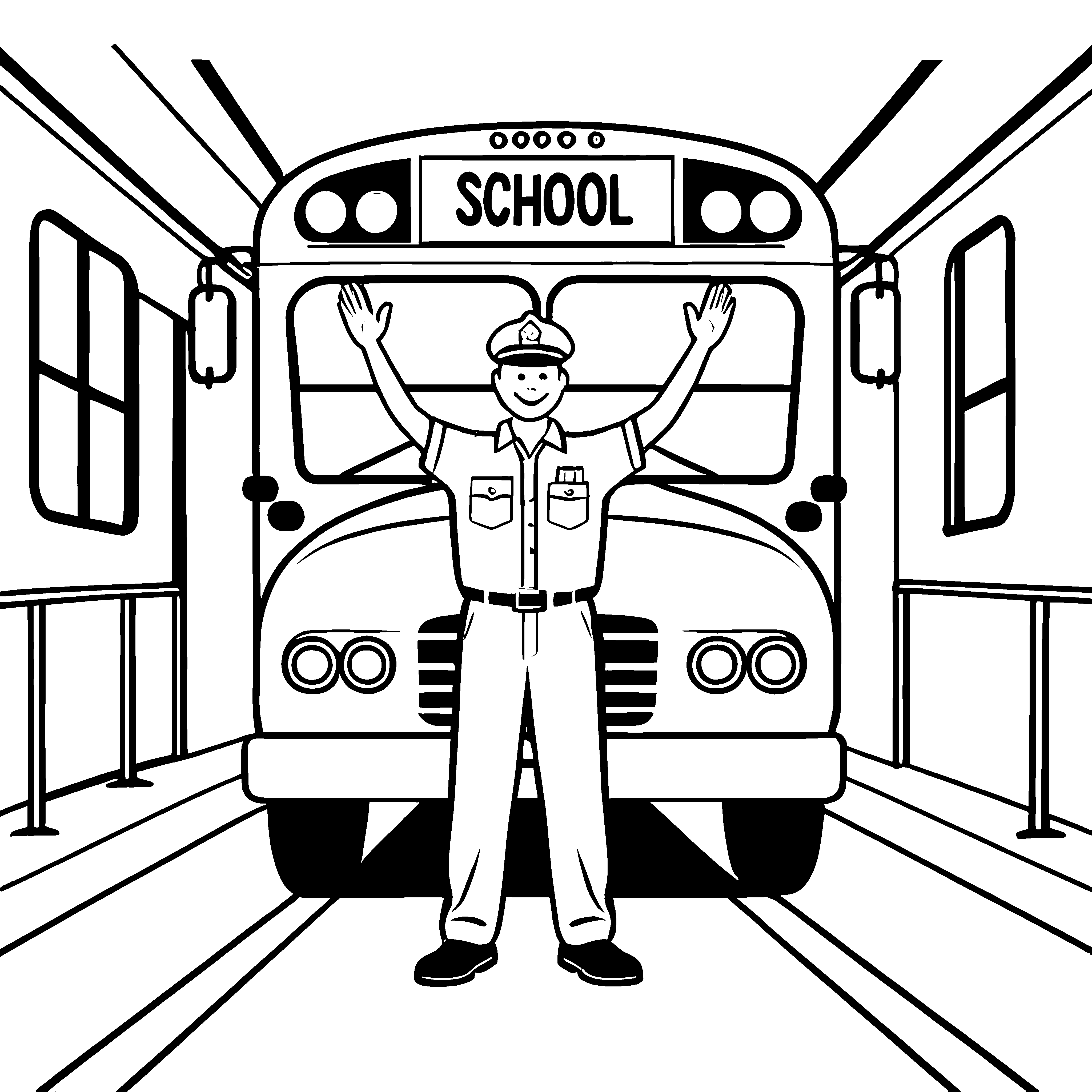 Freundlicher Busfahrer vor dem Schulbus Malvorlage für aufgeweckte Schulanfänger