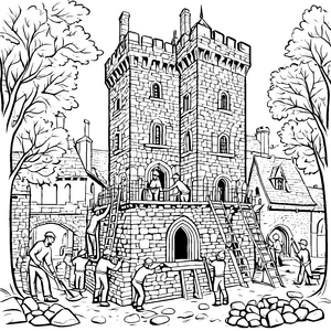 Imposanter Turm mit fleißigen Bauarbeitern Ausmalbild für kleine Baumeister