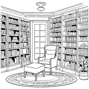 Einladender Relaxsessel mit inspirierender Bücherwand Ausmalbild für kreative Fantasiekonstrukteure