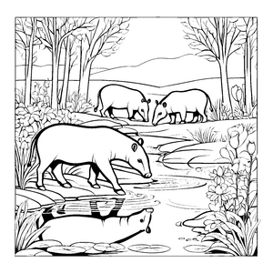 Wandernder Tapir im fließenden Wasser Ausmalbild für neugierige Naturforscher