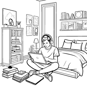 Boys mit Kopfhörern und Bücherchaos Ausmalbild für fantasievolle Leseratten