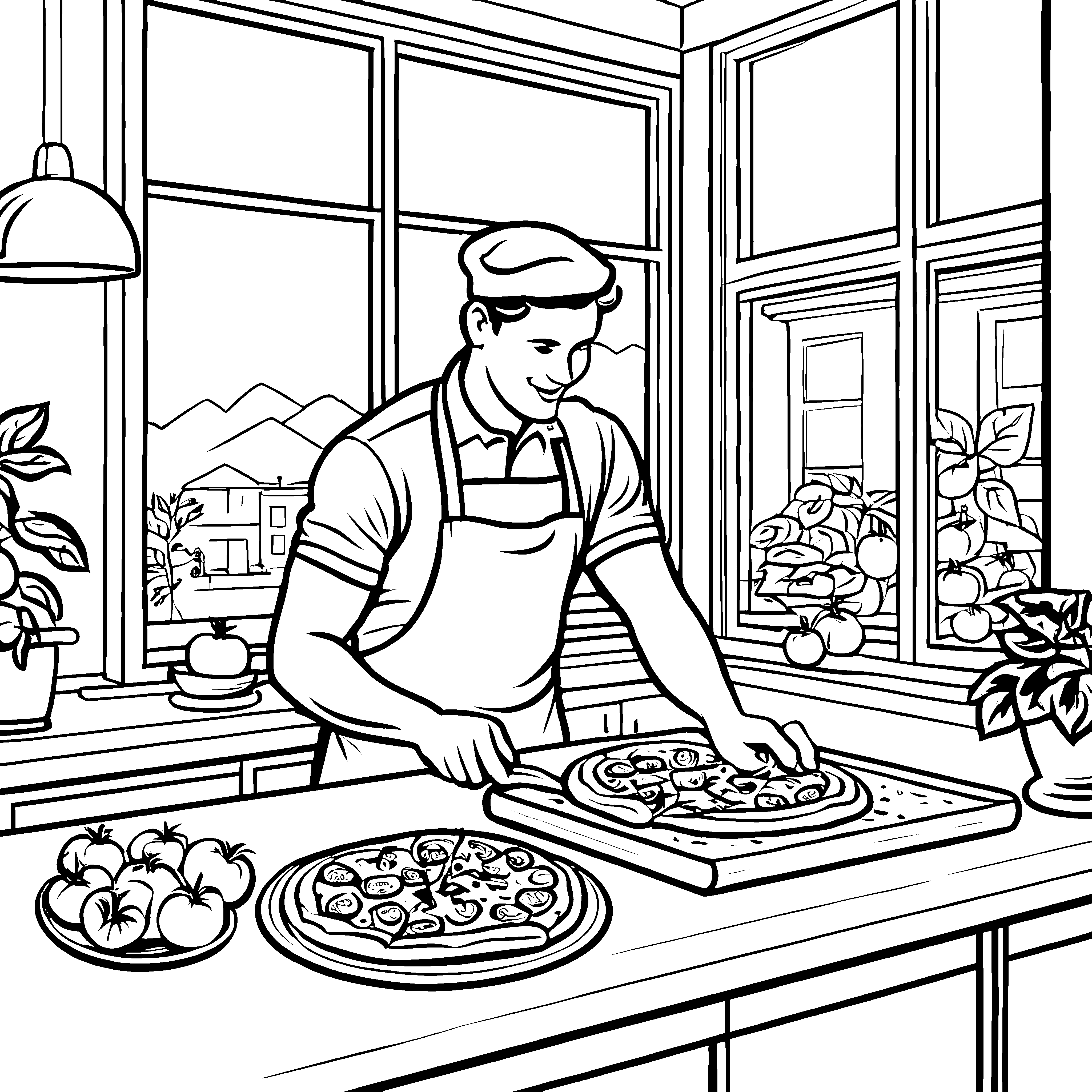 Kreativer Pizzabäcker bei der Zubereitung leckerer Köstlichkeiten Ausmalvorlage für hungrige Entdecker
