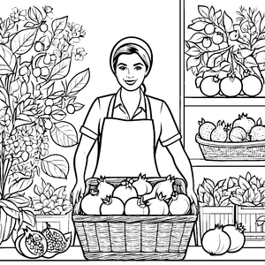 Optimistische Frau mit frischem Obstkorb und Granatäpfeln Ausmalbild für fantasievolle Obstliebhaber