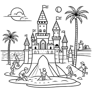 Prächtige Sandburg mit fröhlichen Baukünsten Ausmalvorlage für kleine Strandarchitekten