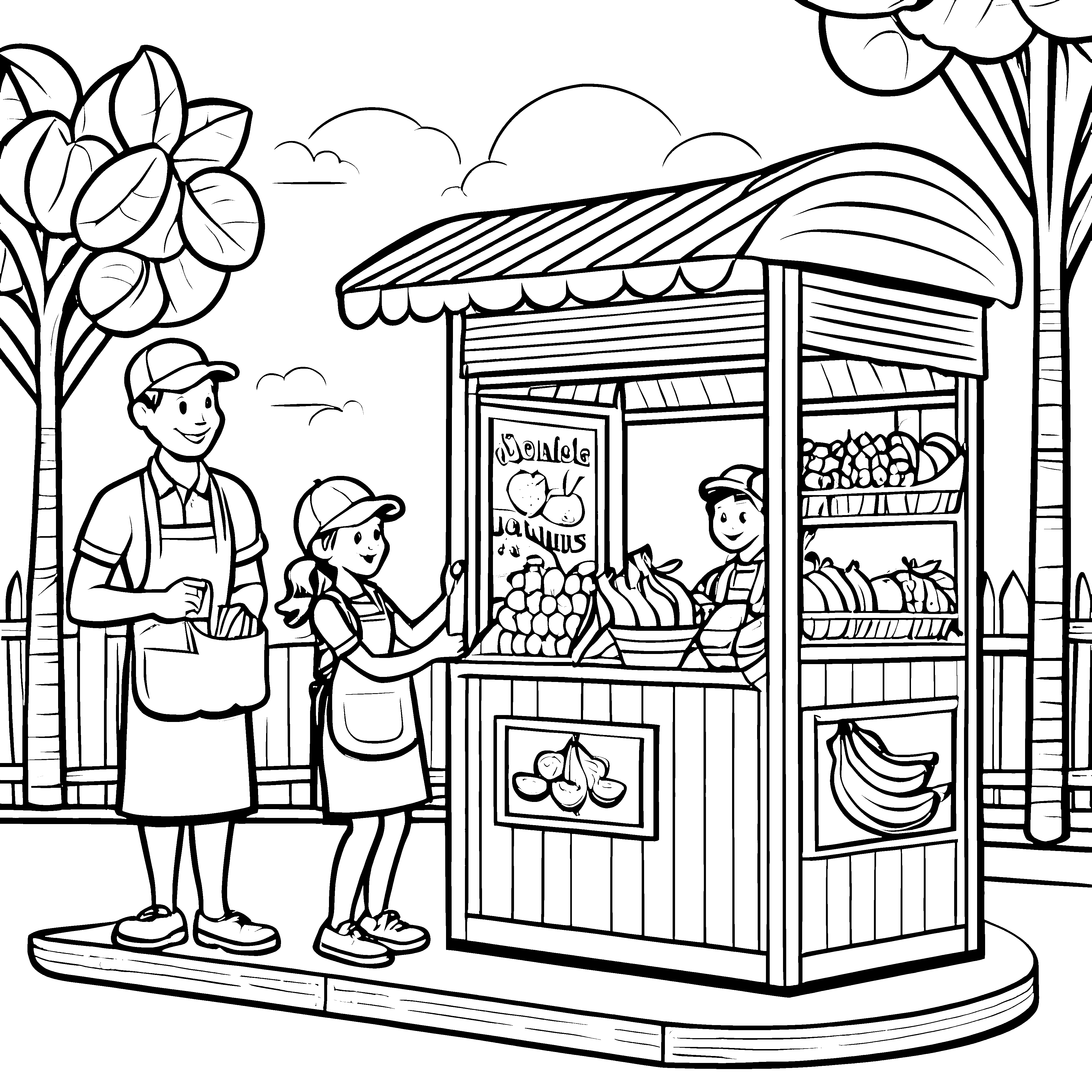 Bunter Kiosk mit frischen Früchten Ausmalvorlage für neugierige kleine Entdecker