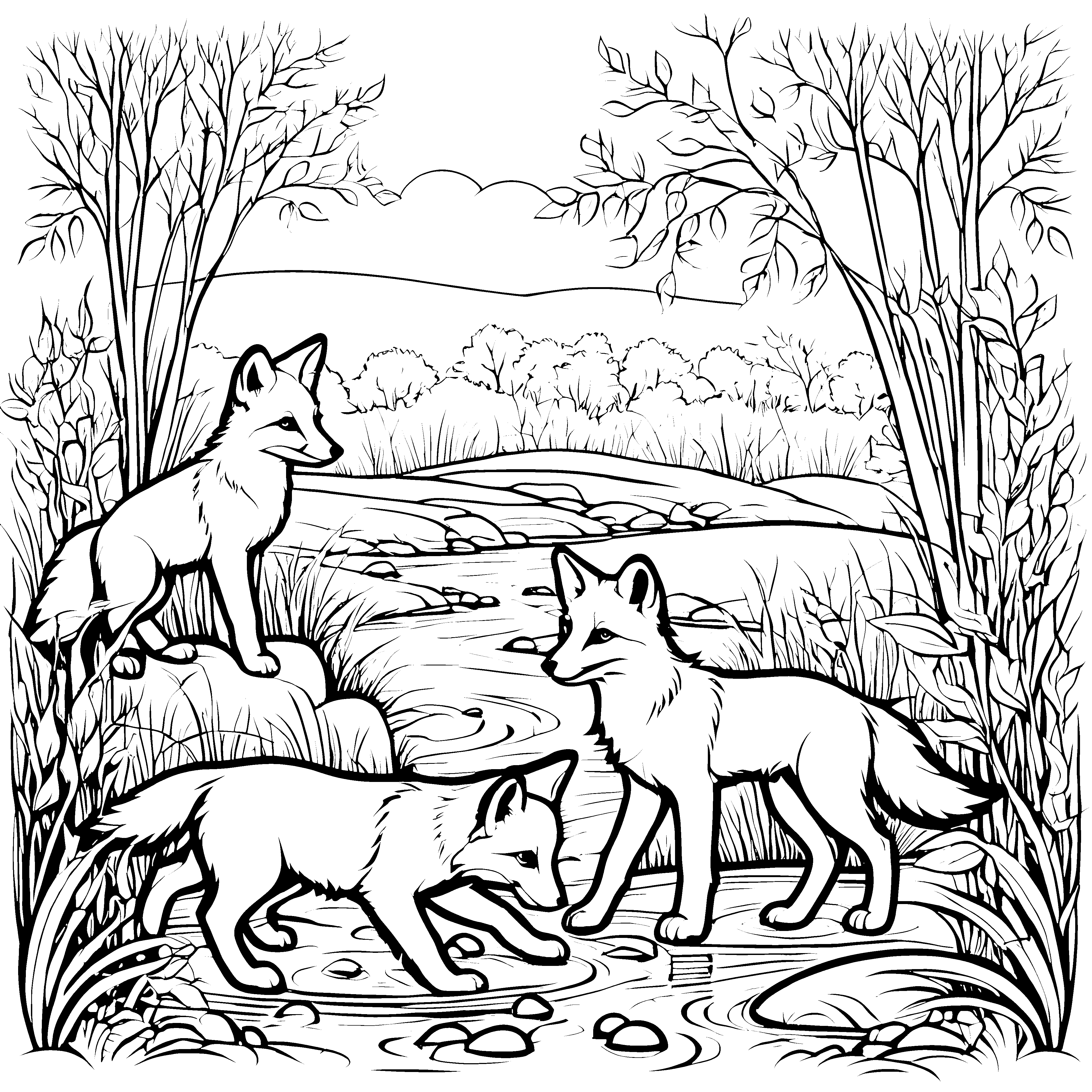 Entzückende Fuchs-Welpen beim Spielen am Wasser Ausmalbild für fantasievolle Entdecker