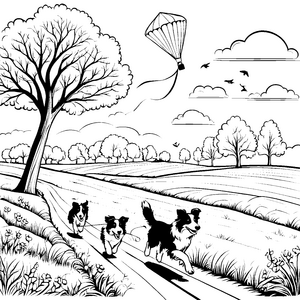 Drei flinke Border Collies im Freilauf Ausmalmotiv für abenteuerlustige Tierfans