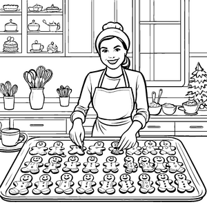 Kreative Lebkuchenmänner in der Weihnachtsbäckerei Ausmalbild für junge Meisterbäcker