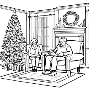 Herzliche Großeltern genießen ruhige Lesestunde am Kamin Ausmalbild für träumende Weihnachtsfreunde