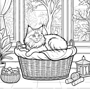 Flauschige Maine Coon Katze in Korb mit Äpfeln Ausmalbild für kleine Obstliebhaber