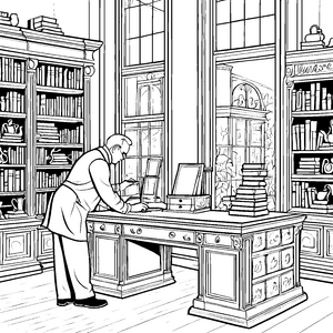 Abenteuerlicher Vintage-Tisch mit Bücherstapel und Uhr Ausmalbild für wissbegierige Entdecker der Geschichtenwelt