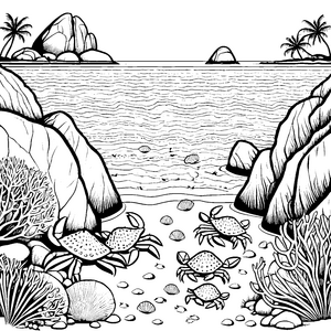 Drei abenteuerliche Krebse am feinen Strand Ausmalvorlage für kleine Küstenschatzsucher