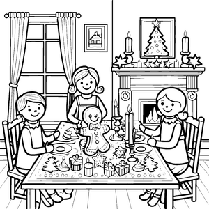 Fröhliche Familie genießt Weihnachten mit Lebkuchenmann Ausmalbild für neugierige Weihnachtsfreunde