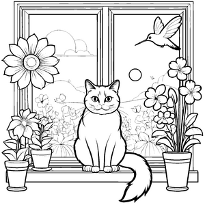 Grummelige Katze im bunten Fensterrahmen Ausmalmotiv für neugierige Pflanzenfreunde
