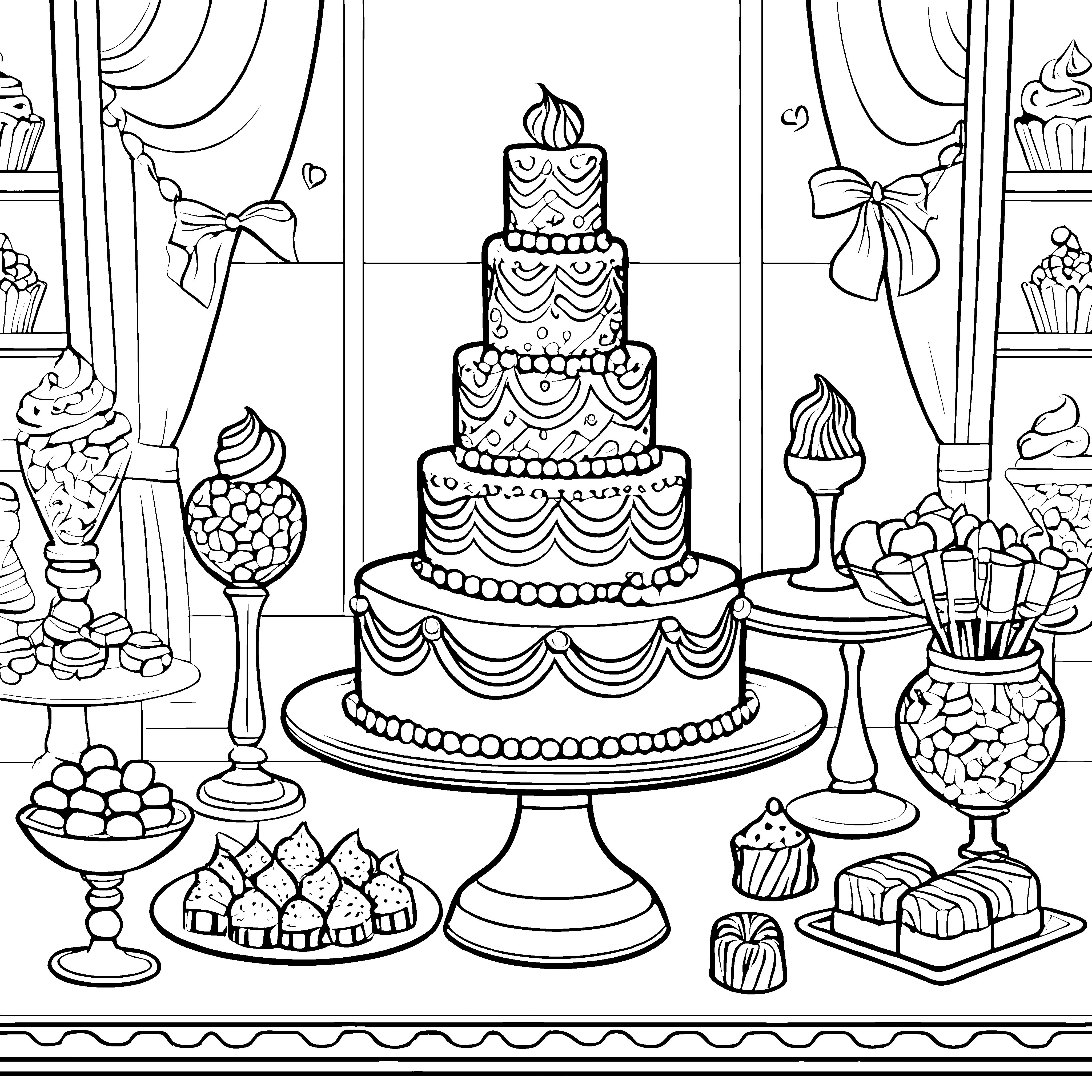 Bezaubernder Hochzeitstorte mit süßen Leckereien Malvorlage für kleine Meisterbäcker