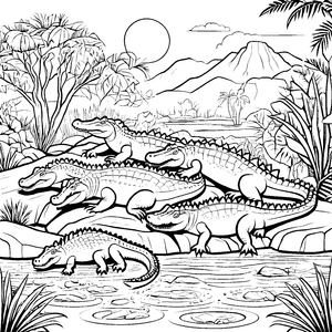 Drei Krokodile am Wasser mit Baum Ausmalbild für neugierige Tierfreunde