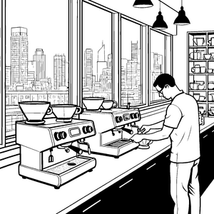 Praktische Kaffeemaschine mit duftendem Kaffeegenuss Ausmalvorlage für angehende Meisterbaristas