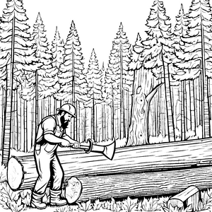 Holzfäller mit großer Axt am Baum Ausmalbild für abenteuerliche Naturfreunde