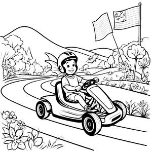 Rasantes Go-Kart-Rennen auf blühendem Rundkurs Ausmalvorlage für energiegeladene Nachwuchs-Rennfahrer