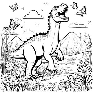 Faszinierender Giganotosaurus im bunten Blumenfeld Ausmalvorlage für kleine Dino-Fans