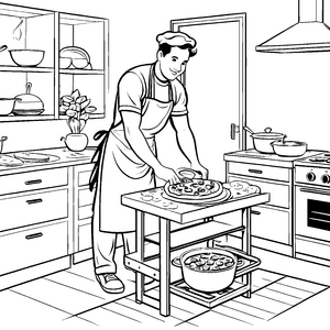 Kreativer Pizzabäcker bei der Teigkunst Ausmalmotiv für kleine Genussliebhaber