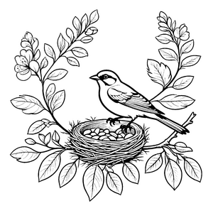 Hübscher Vogel im liebevollen Nest Ausmalmotiv für fantasievolle Naturliebhaber