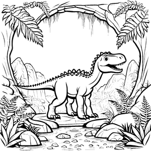 Abenteuerlicher Albertosaurus in prähistorischer Landschaft Ausmalbild für mutige Entdecker