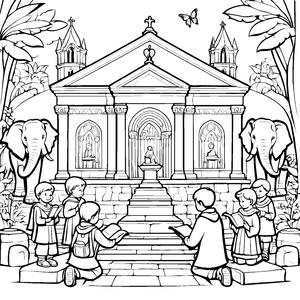 Faszinierende Kirche mit betenden Kindern Ausmalbild für neugierige Entdecker