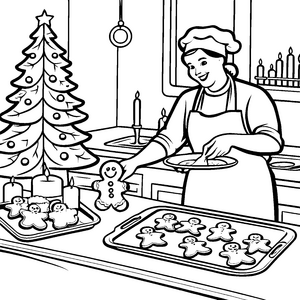 Verzauberte Bäckerin dekoriert süße Lebkuchenmänner Ausmalvorlage für kreative Weihnachtskünstler