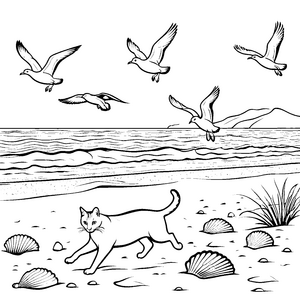 Schwarz-weiße Katze erkundet einsamen Strand mit Vögeln Ausmalmotiv für träumerische Küstenabenteurer