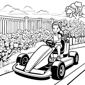 Rasanter Go-Kart mit abenteuerlustigem Mädchen und frischen Pflanzen Malvorlage für neugierige Geschwindigkeitsentdecker