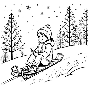 Schneeflocken über fröhlichem Schlittenfahrer Ausmalbild für winterliche Entdecker