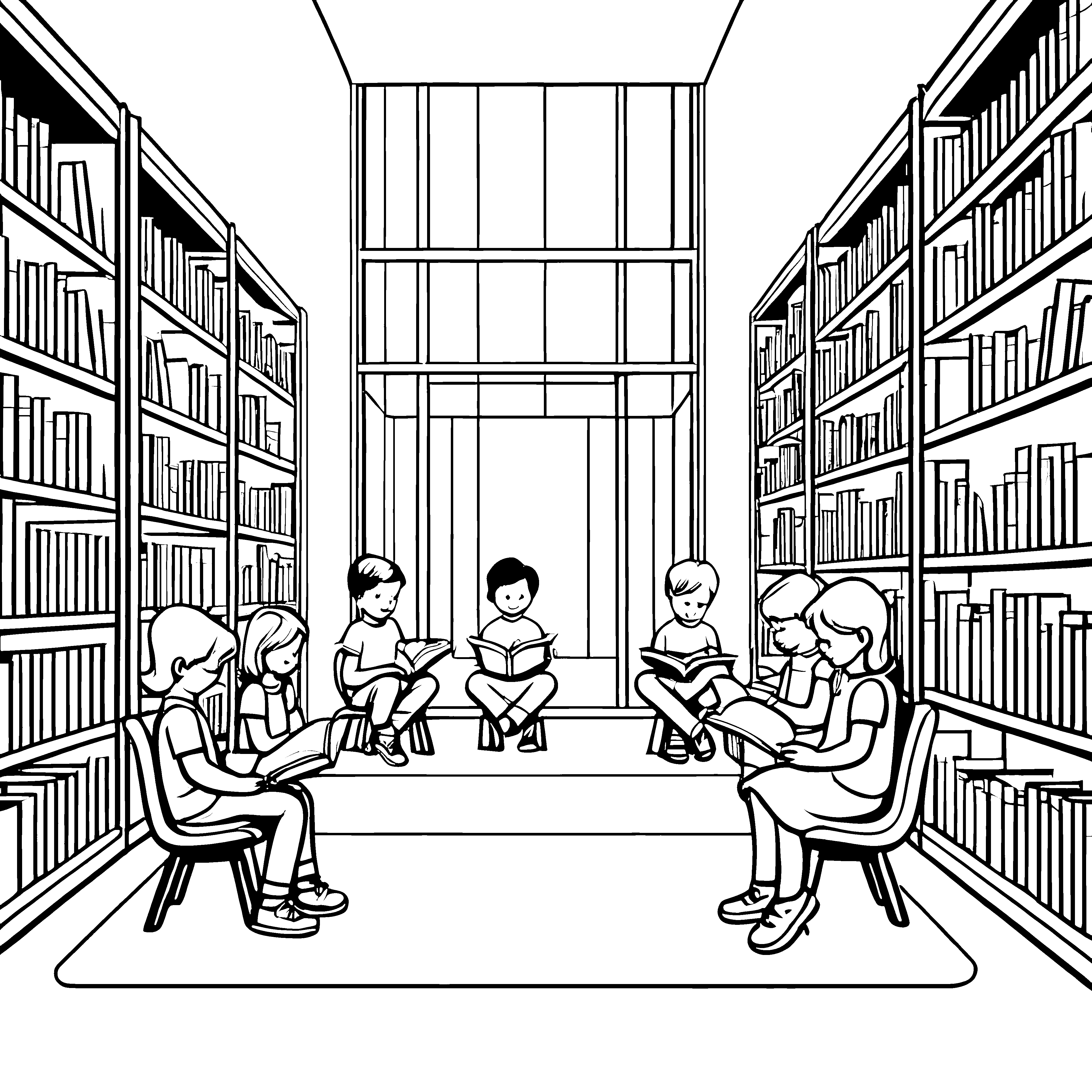 Lernbegeisterte Kinder im Bücherraum Ausmalbild für kreative Köpfe