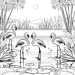 Drei anmutige Flamingos im stillen Teich Malvorlage für neugierige Wassermagier