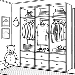 Verträumter Wäscheschrank mit zauberhaften Kleidern Ausmalvorlage für kleine Fashionistas