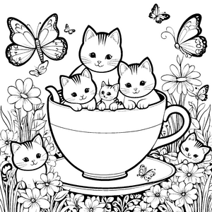 Schmusekatzen in fröhlicher Teetasse Ausmalbild für tierliebe Künstler