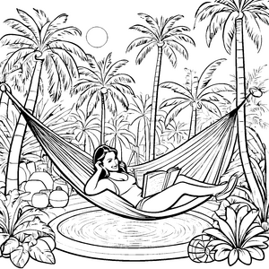 Entspannende Frau im Hängemattenparadies mit Buch Ausmalmotiv für träumerische Strandliebhaber